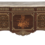 Louis XVI Style Marquetry-Inlaid and Bronze-Mounted Marble-Top Commode
