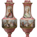Monumental Pair Sèvres or Sèvres Style Hand-Painted and Gilt Porcelain Urns